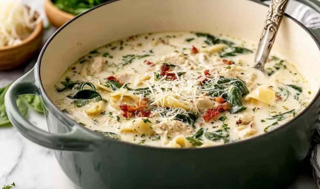 Creamy quick white lasagna soup in a white bowl topped with melted mozzarella and fresh basil