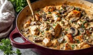 Rich chicken stroganoff in a skillet with creamy mushroom sauce and golden seared chicken pieces