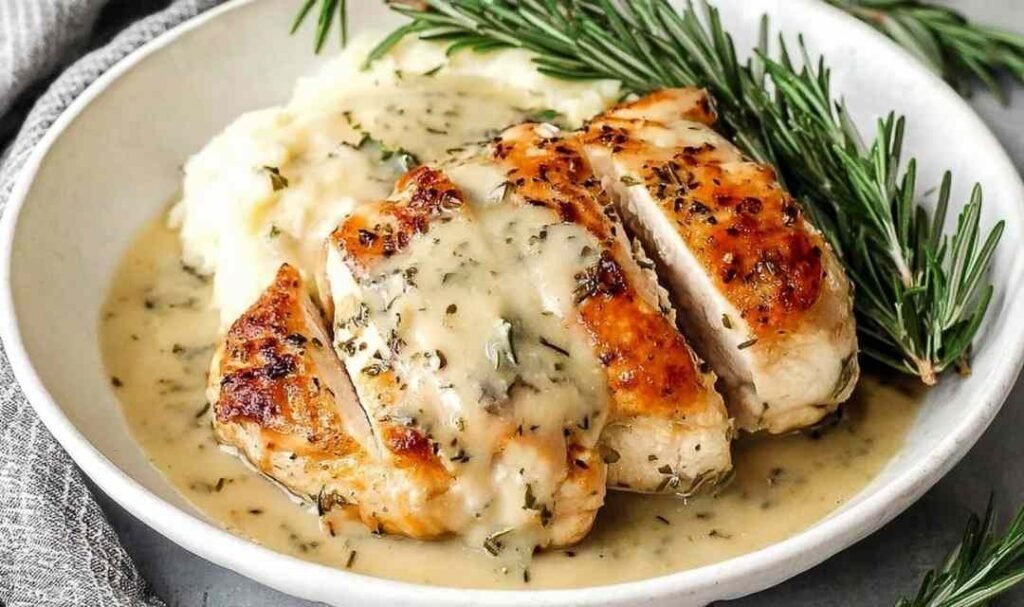 Rosemary Dijon Chicken in a cast iron skillet with creamy Dijon mustard sauce and fresh rosemary sprigs