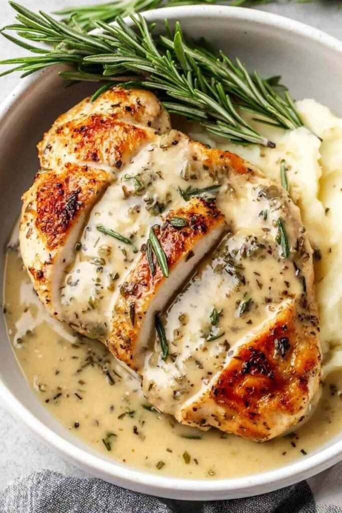 Rosemary Dijon Chicken in a cast iron skillet with creamy Dijon mustard sauce and fresh rosemary sprigs