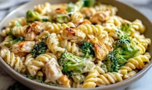 Creamy rotisserie chicken broccoli pasta in a white bowl with Parmesan sauce, tender shredded chicken, and broccoli florets