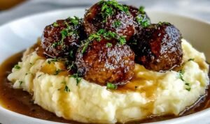 Salisbury Steak Meatballs served over creamy garlic herb mashed potatoes with rich beef gravy and fresh parsley