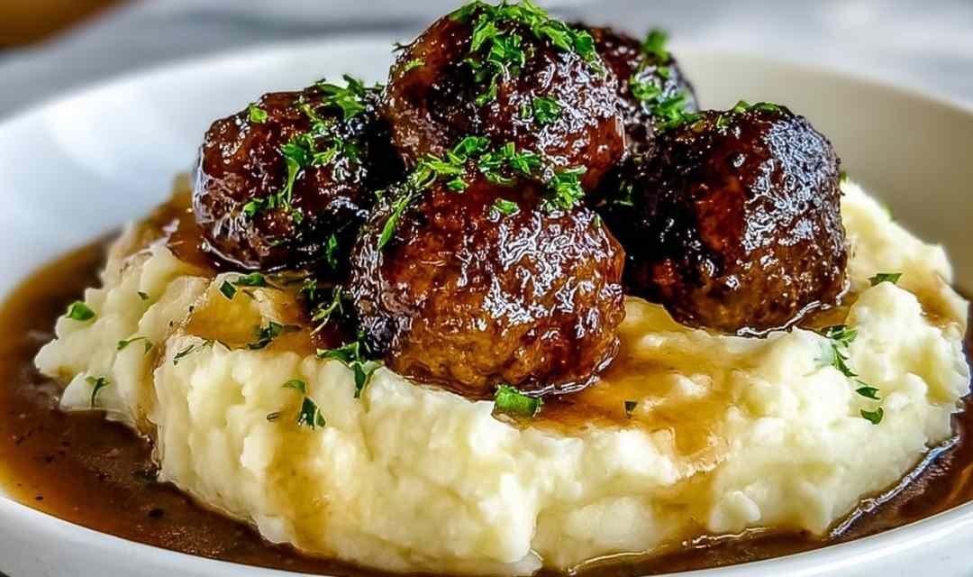 Salisbury Steak Meatballs with Garlic Herb Mashed Potatoes