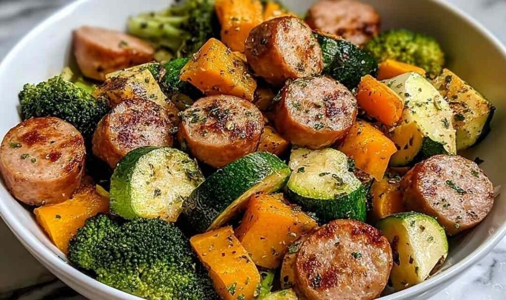 Sausage veggie skillet bowl cooking in a large skillet with chicken sausage coins, broccoli florets, zucchini slices, and sweet potato cubes