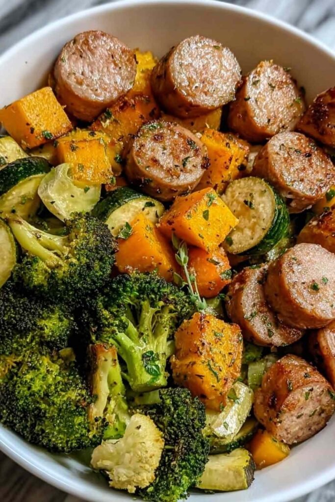 Sausage veggie skillet bowl cooking in a large skillet with chicken sausage coins, broccoli florets, zucchini slices, and sweet potato cubes