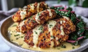 Parmesan Crusted Chicken with Creamy Garlic Sauce Crispy Parmesan crusted chicken breast topped with creamy garlic sauce and fresh parsley on a white dinner plate