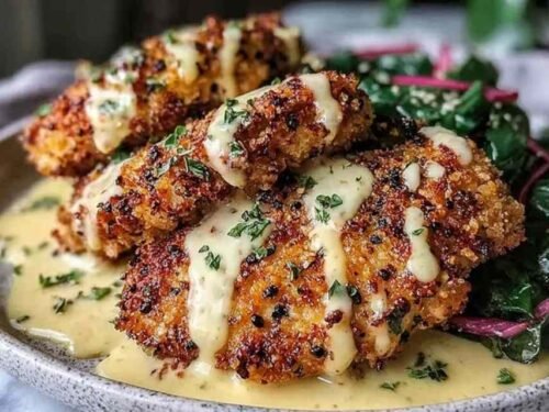 Crispy Parmesan crusted chicken breast topped with creamy garlic sauce and fresh parsley on a white dinner plate