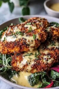 Crispy Parmesan crusted chicken breast topped with creamy garlic sauce and fresh parsley on a white dinner plate
