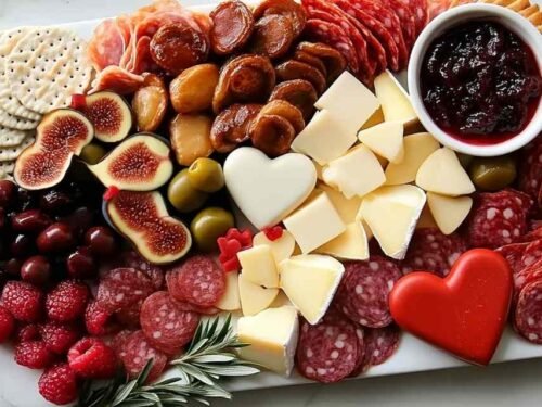 Savory Valentine's Day charcuterie board with heart-shaped brie, prosciutto, salami, grapes, and fresh rosemary on a wooden serving board