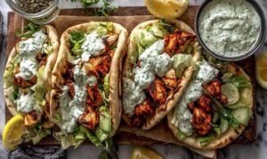 Sheet pan chicken pitas ingredients roasted on a parchment-lined baking sheet with charred bell peppers, zucchini, and cherry tomatoes