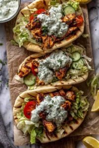 Sheet pan chicken pitas ingredients roasted on a parchment-lined baking sheet with charred bell peppers, zucchini, and cherry tomatoes