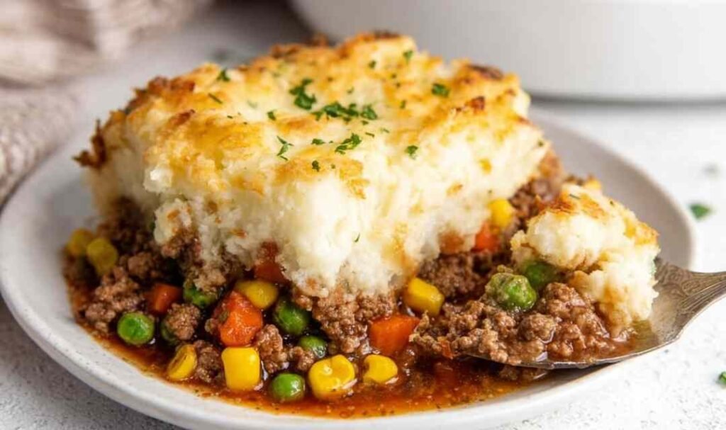Shepherd's pie in a white baking dish with golden mashed potato topping and bubbling beef filling at the edges