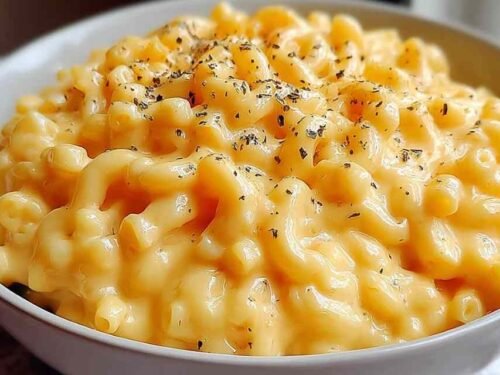 Bowl of simple mac and cheese with creamy cheddar sauce coating elbow macaroni