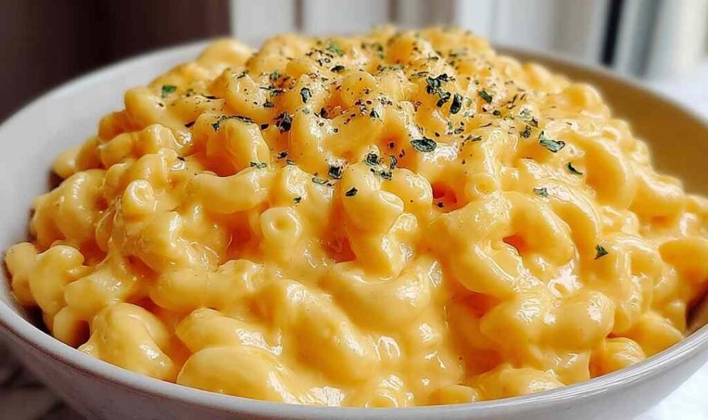 Bowl of simple mac and cheese with creamy cheddar sauce coating elbow macaroni