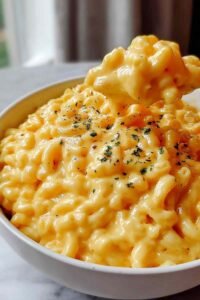 Bowl of simple mac and cheese with creamy cheddar sauce coating elbow macaroni