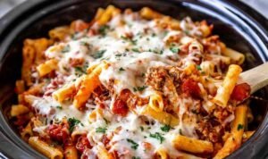 Slow Cooker Baked Ziti Slow cooker baked ziti with melted mozzarella cheese in a black crockpot