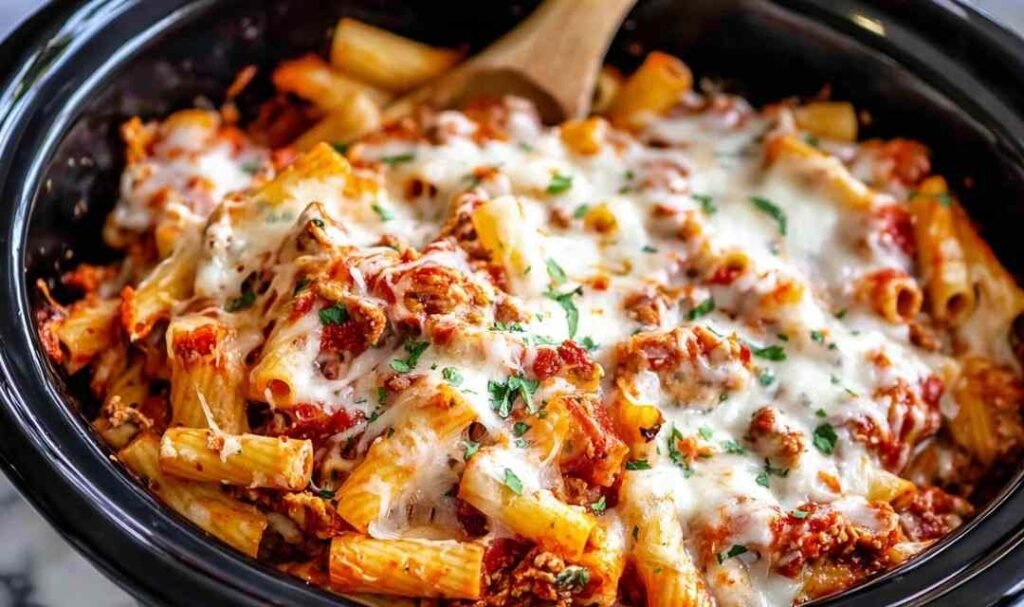 Slow cooker baked ziti with melted mozzarella cheese in a black crockpot