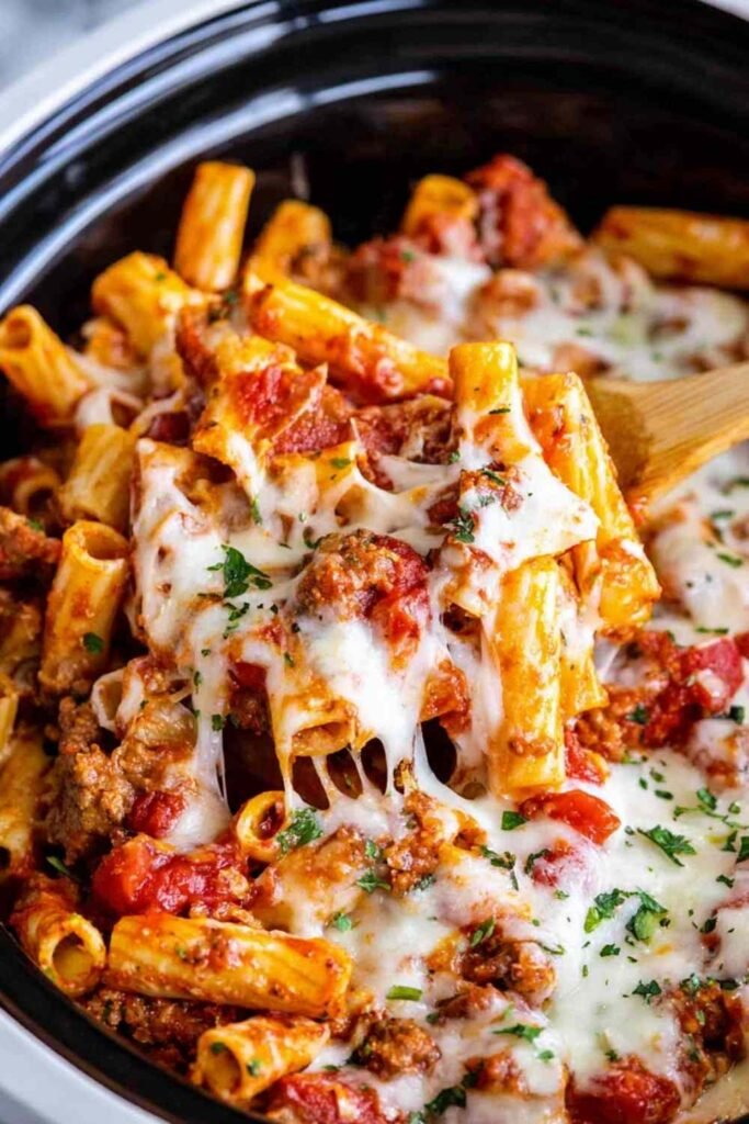 Slow cooker baked ziti with melted mozzarella cheese in a black crockpot