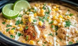 Slow-Cooker Street Corn Chicken Slow cooker street corn chicken with shredded chicken sweet corn and creamy chili lime sauce in a crockpot