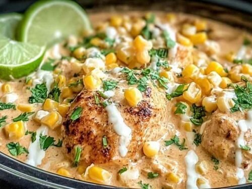 Slow cooker street corn chicken with shredded chicken sweet corn and creamy chili lime sauce in a crockpot