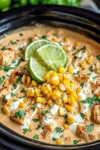 Slow cooker street corn chicken with shredded chicken sweet corn and creamy chili lime sauce in a crockpot