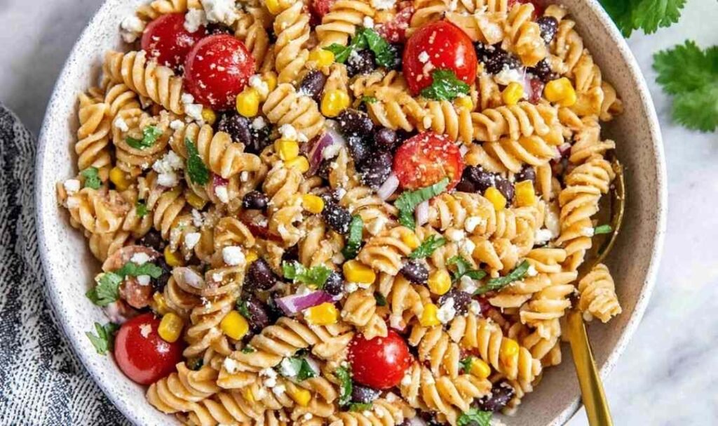 Colorful Southwest Pasta Salad with black beans, corn, tomatoes, and Cotija cheese in a large white bowl