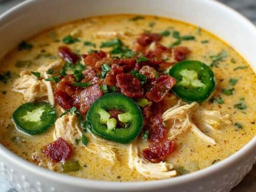 A bowl of spicy jalapeno popper chicken soup topped with sour cream, shredded cheddar, and sliced jalapenos