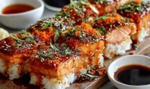 Spicy Salmon Sushi Bake Spicy salmon sushi bake in a 9x13 baking dish topped with green onions, nori strips, and tobiko fresh from the oven