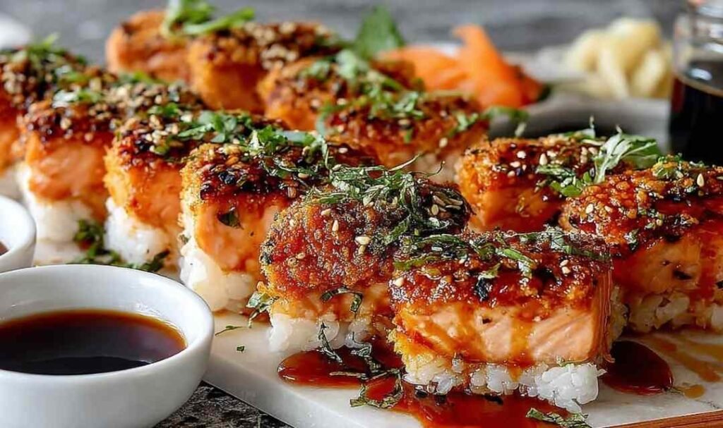 Spicy salmon sushi bake in a 9x13 baking dish topped with green onions, nori strips, and tobiko fresh from the oven