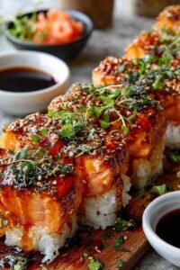 Spicy salmon sushi bake in a 9x13 baking dish topped with green onions, nori strips, and tobiko fresh from the oven