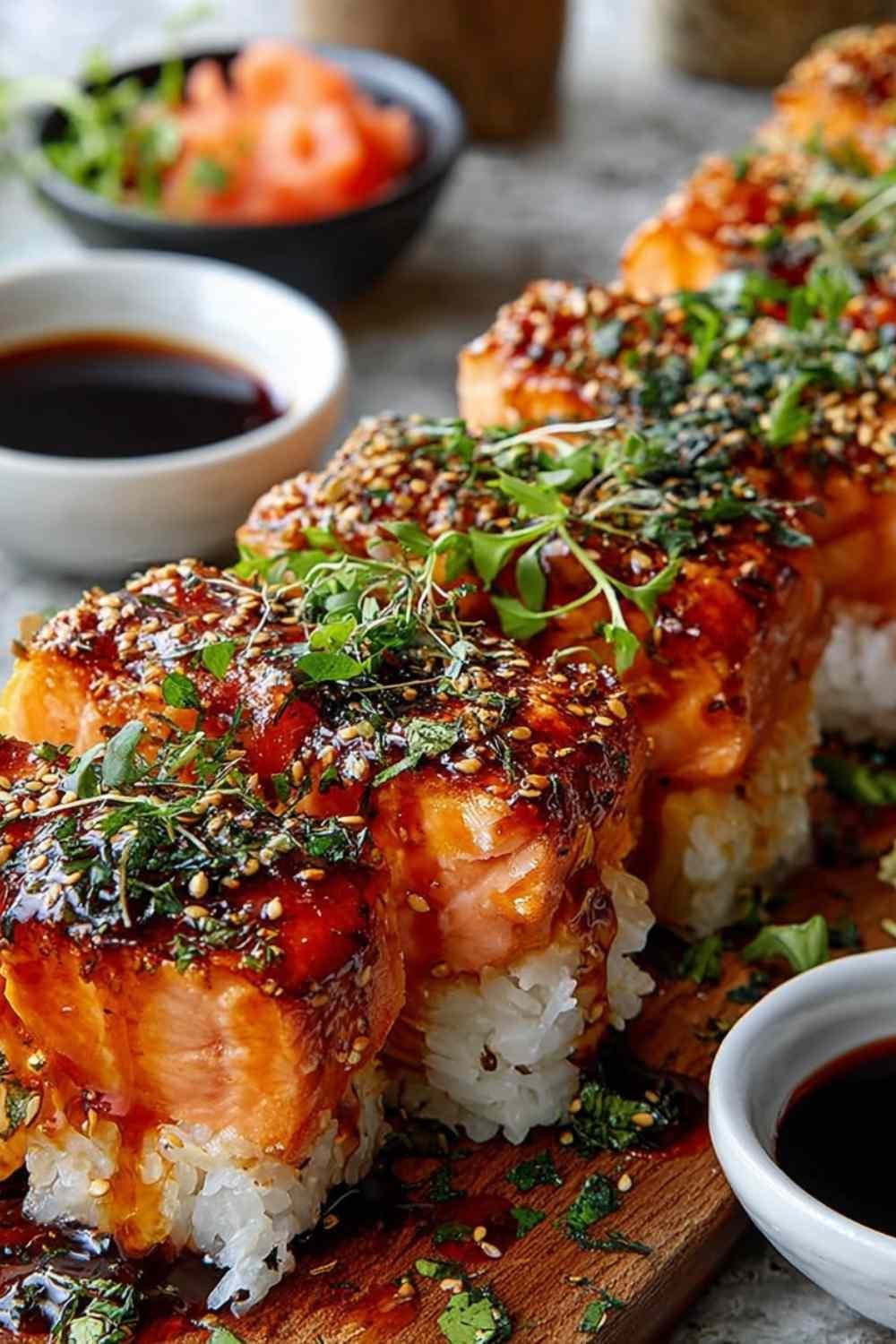 Spicy salmon sushi bake in a 9x13 baking dish topped with green onions, nori strips, and tobiko fresh from the oven