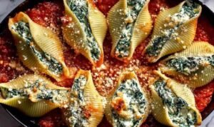 Spinach and ricotta stuffed shells baked in marinara sauce with melted mozzarella in a white baking dish