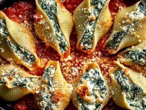 Spinach and ricotta stuffed shells baked in marinara sauce with melted mozzarella in a white baking dish