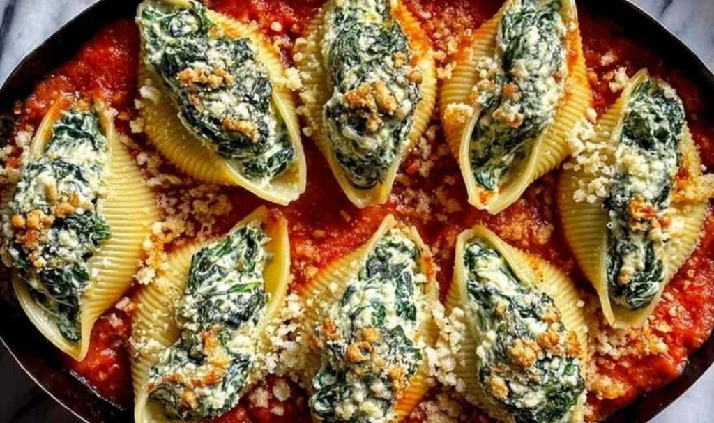 Spinach and ricotta stuffed shells baked in marinara sauce with melted mozzarella in a white baking dish