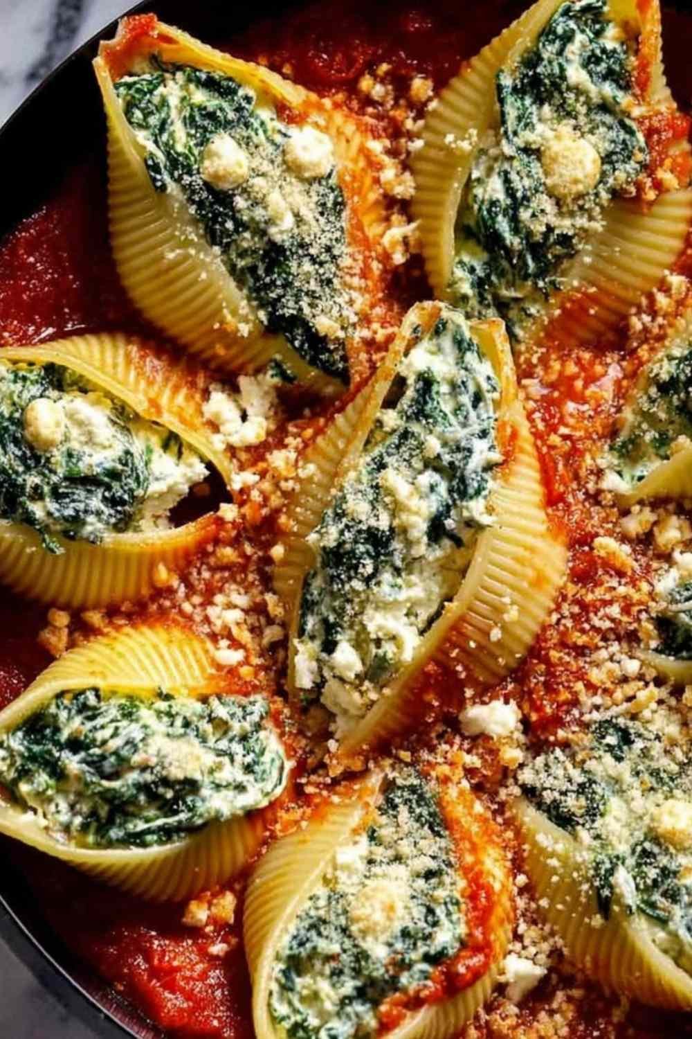 Spinach and ricotta stuffed shells baked in marinara sauce with melted mozzarella in a white baking dish