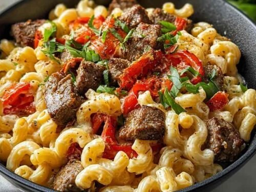 Baked steak pepper jack queso mac and cheese in a casserole dish with golden panko breadcrumb topping fresh from the oven