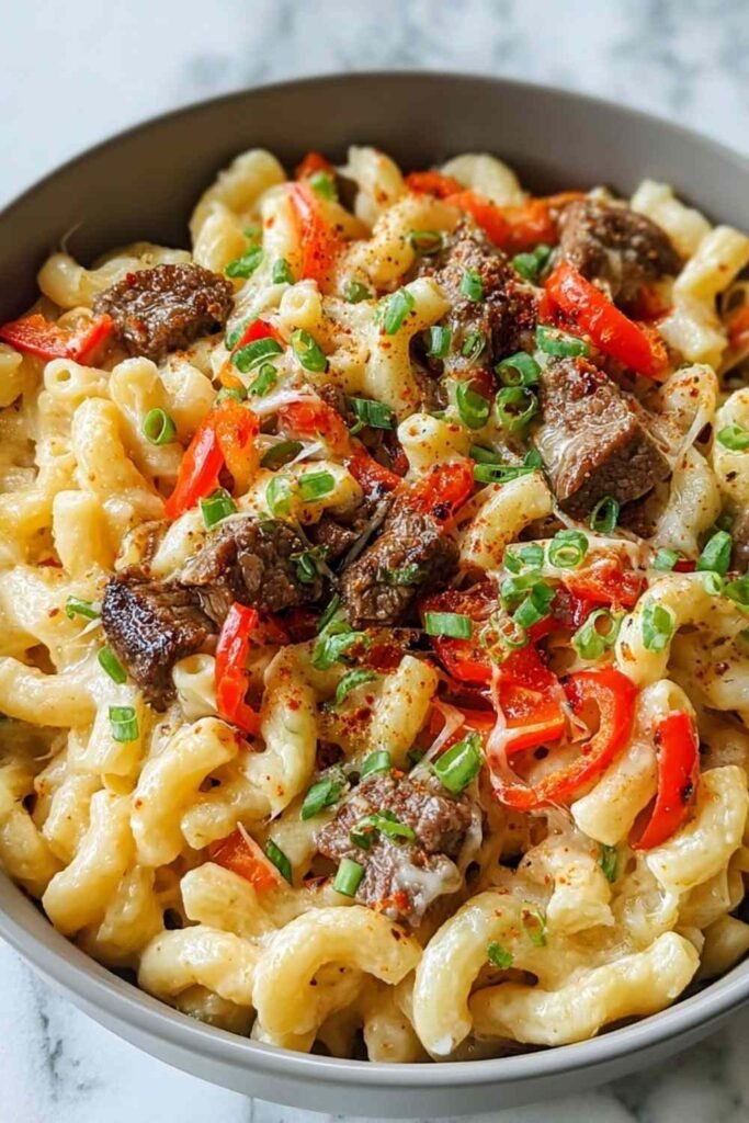 Baked steak pepper jack queso mac and cheese in a casserole dish with golden panko breadcrumb topping fresh from the oven