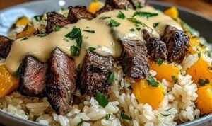 Steak and queso rice served hot in a cast iron skillet topped with fresh cilantro, sour cream, and avocado slices
