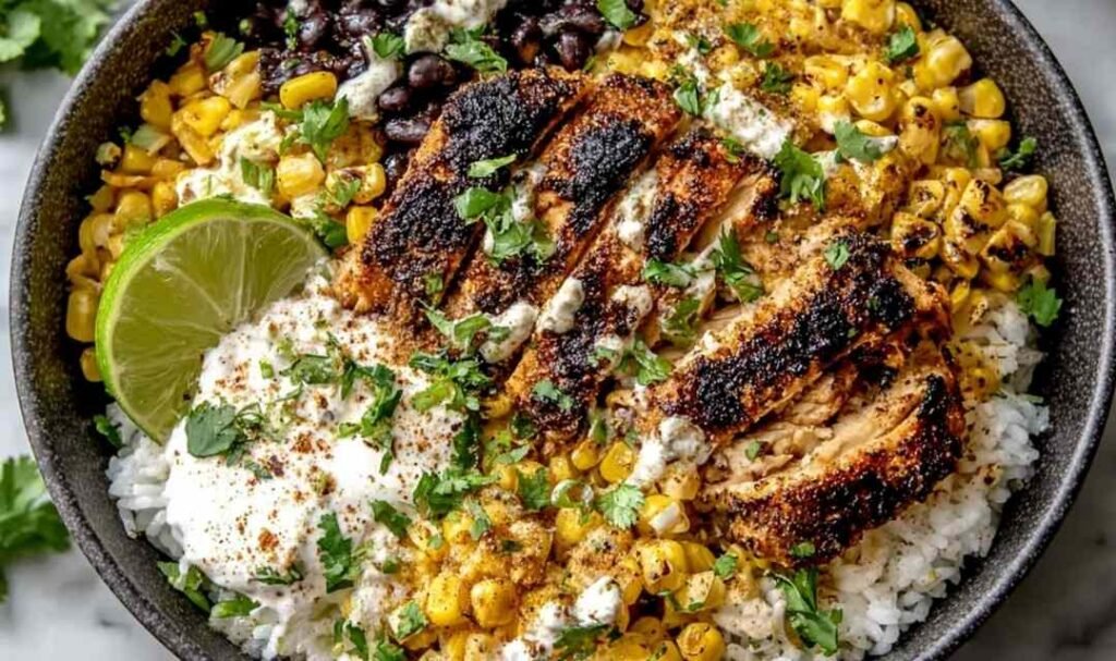 Street corn chicken rice bowl with charred corn, sliced chicken thighs, cotija cheese, and lime crema over cilantro rice