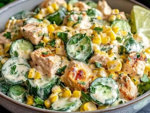 High protein chicken street corn salad bowl with grilled chicken slices, charred corn, cherry tomatoes, and Greek yogurt dressing on a wooden surface