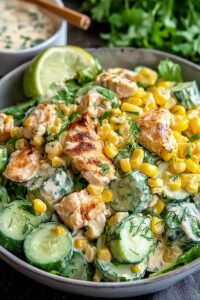 High protein chicken street corn salad bowl with grilled chicken slices, charred corn, cherry tomatoes, and Greek yogurt dressing on a wooden surface