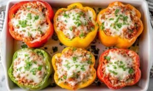 Easy stuffed peppers with ground beef and melted cheese in a baking dish
