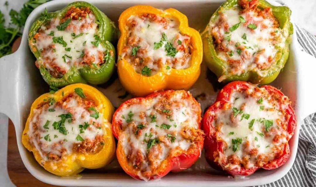 Easy stuffed peppers with ground beef and melted cheese in a baking dish
