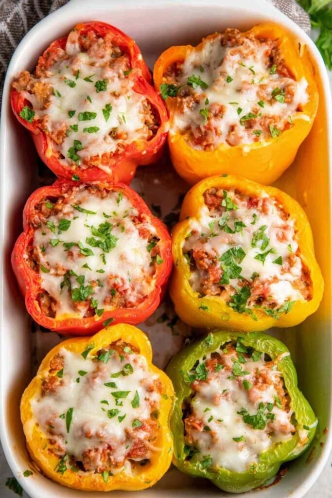 Easy stuffed peppers with ground beef and melted cheese in a baking dish