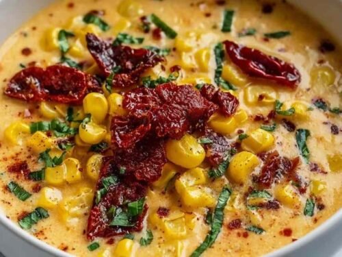 Sun-dried tomato corn chowder in a white bowl garnished with fresh basil and a swirl of cream
