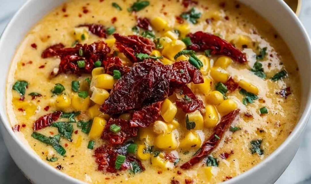 Sun-dried tomato corn chowder in a white bowl garnished with fresh basil and a swirl of cream