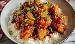 Crispy sweet chili chicken glazed in sticky sauce served over jasmine rice with sliced green onions and sesame seeds