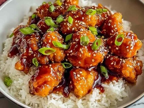 Crispy sweet chili chicken glazed in sticky sauce served over jasmine rice with sliced green onions and sesame seeds