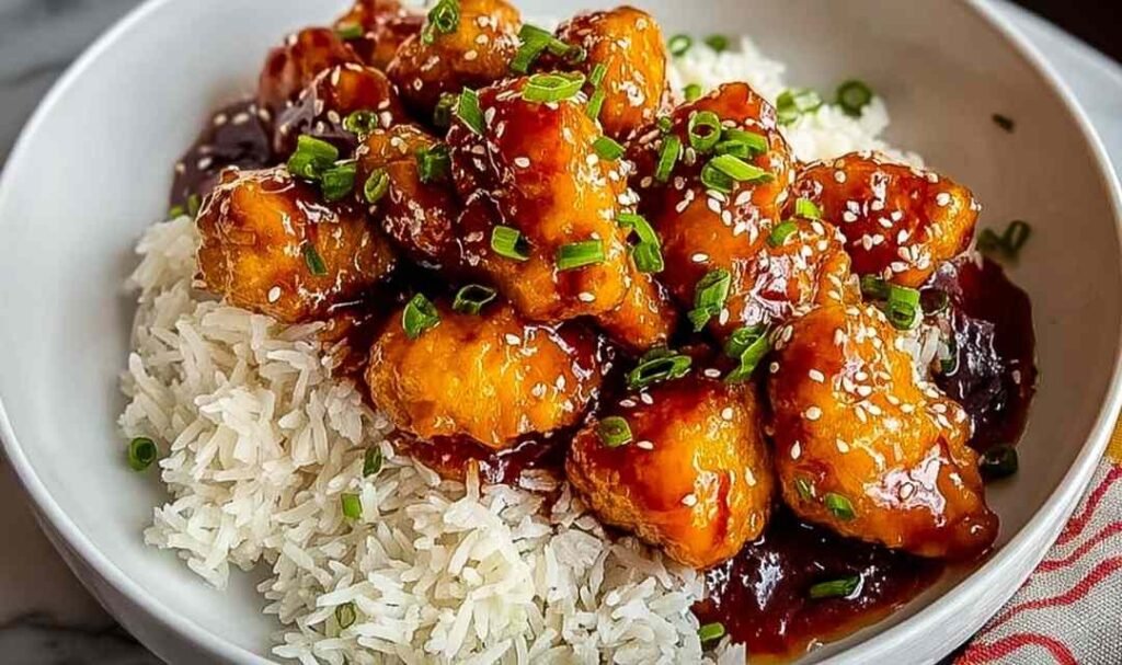 Crispy sweet chili chicken glazed in sticky sauce served over jasmine rice with sliced green onions and sesame seeds