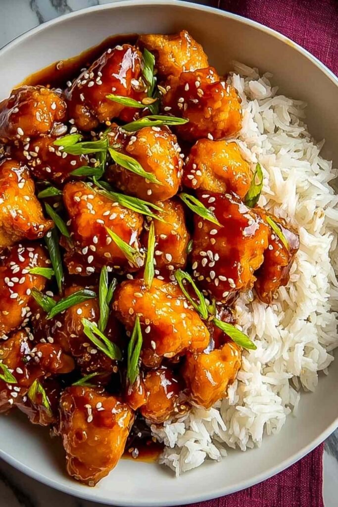 Crispy sweet chili chicken glazed in sticky sauce served over jasmine rice with sliced green onions and sesame seeds